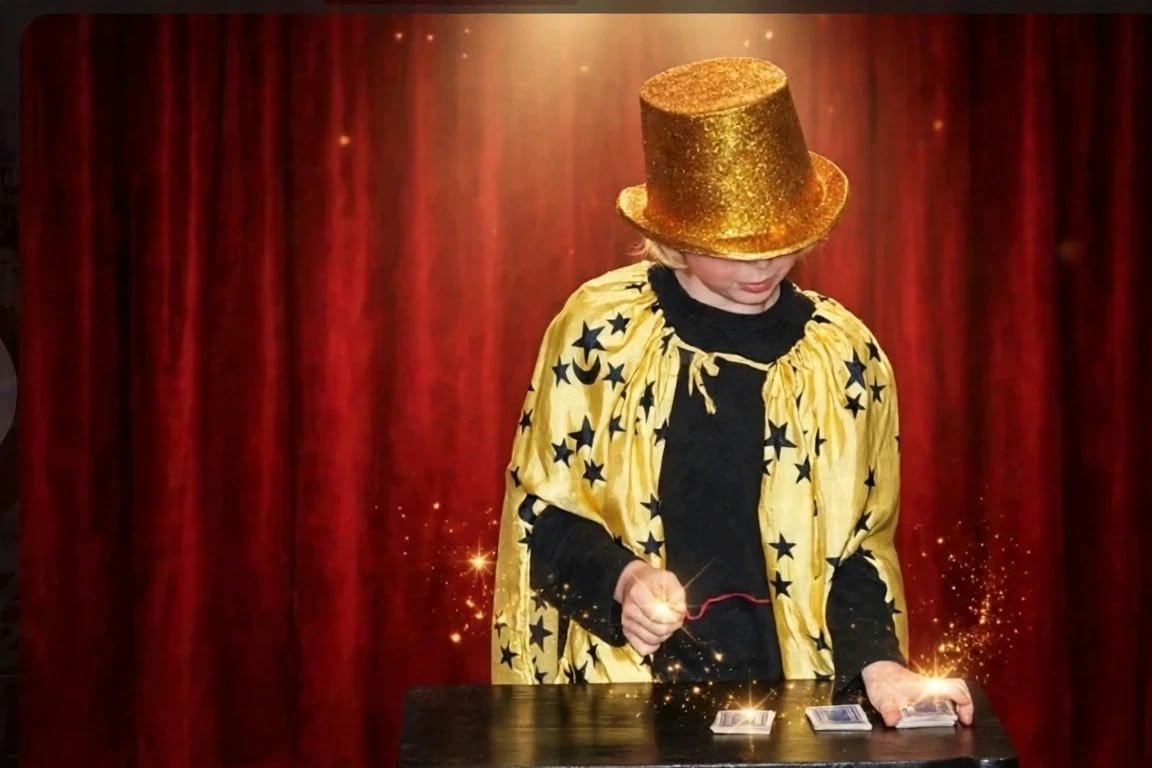 Junge im goldenen Zylinder und Sternen-Umhang zeigt einen Kartentrick am Zaubertisch